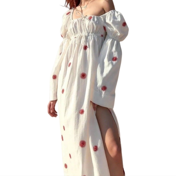 Free People Emory Ivory Red White Embroidered Off Shoulder Boho Midi Dress M - Picture 1 of 13